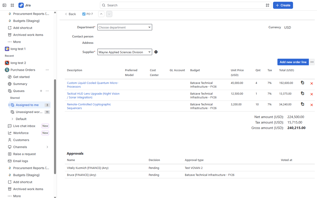Auto generated purchase order in Jira: catalog line items with budgets and GL accounts, order totals, and an approvals table where the right finance approvers are already pending