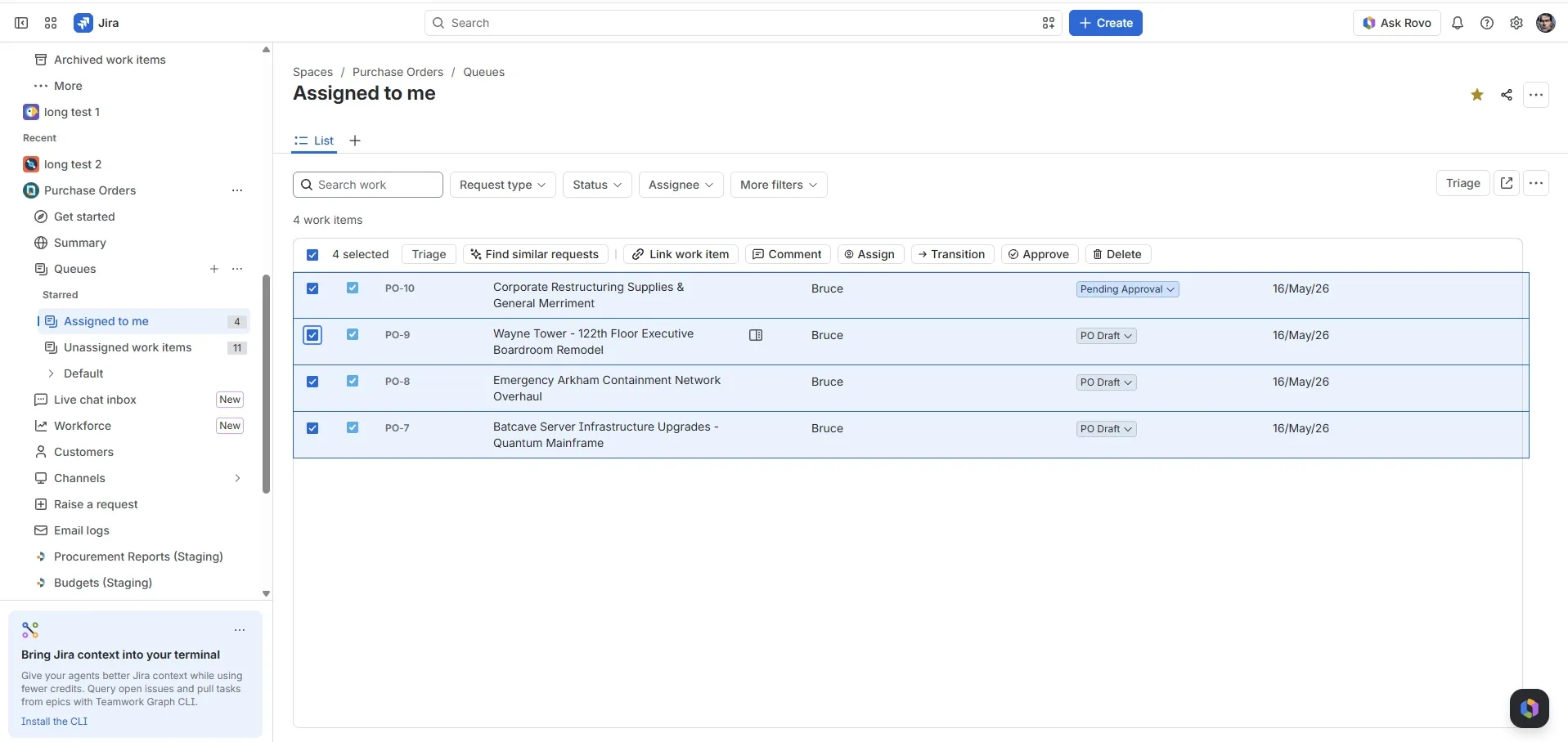 Bulk managing purchase orders in a Jira queue: several POs selected with transition and approve actions available