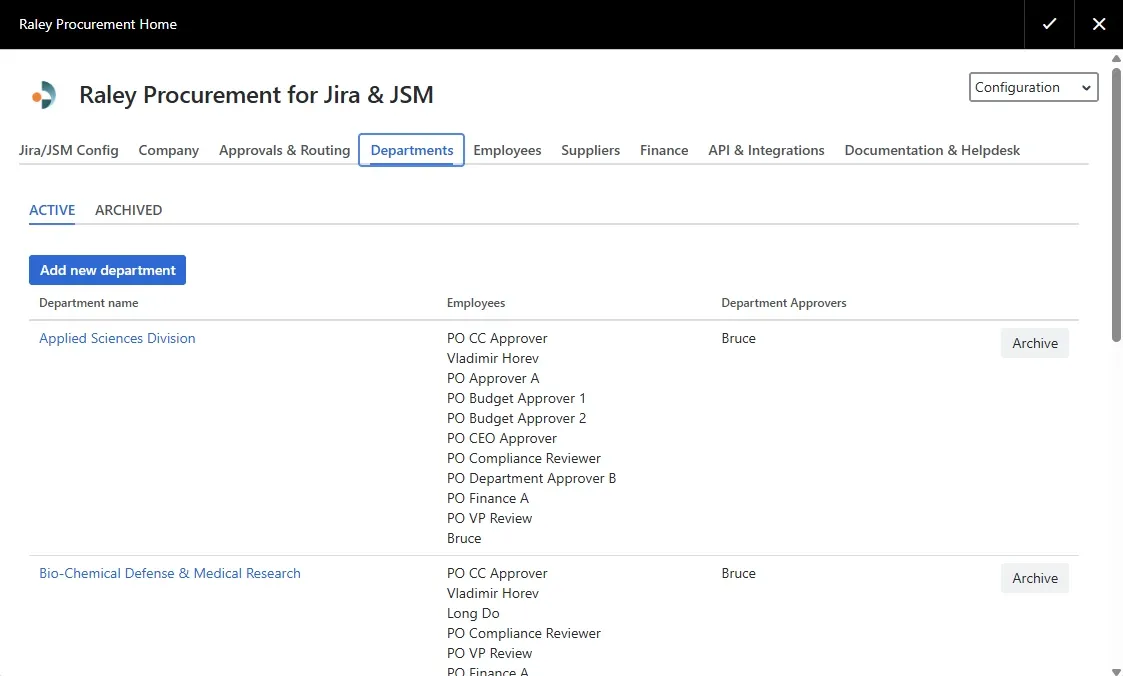Departments and employees in Raley Procurement, each with its own department approvers
