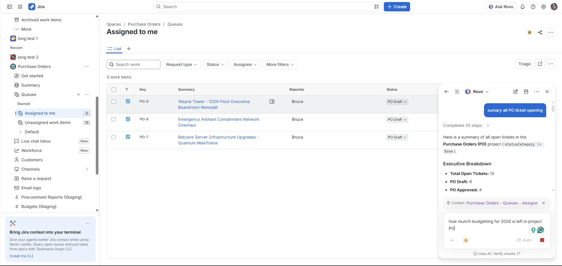 Rovo AI in Jira summarizing all open purchase order tickets with an executive breakdown by status