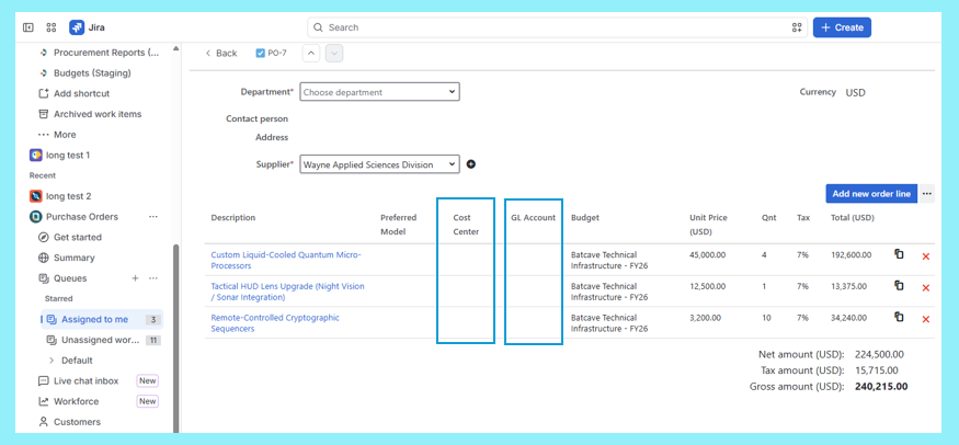 Purchase order lines in Jira with Cost Center and GL Account columns