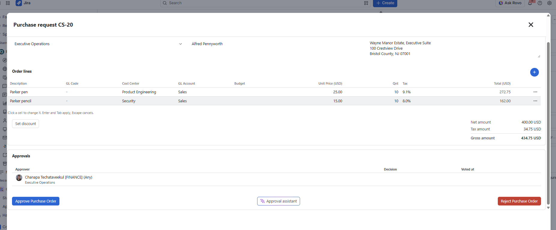 The approvals list in the expanded purchase request view with approver role, department, decision, and vote time