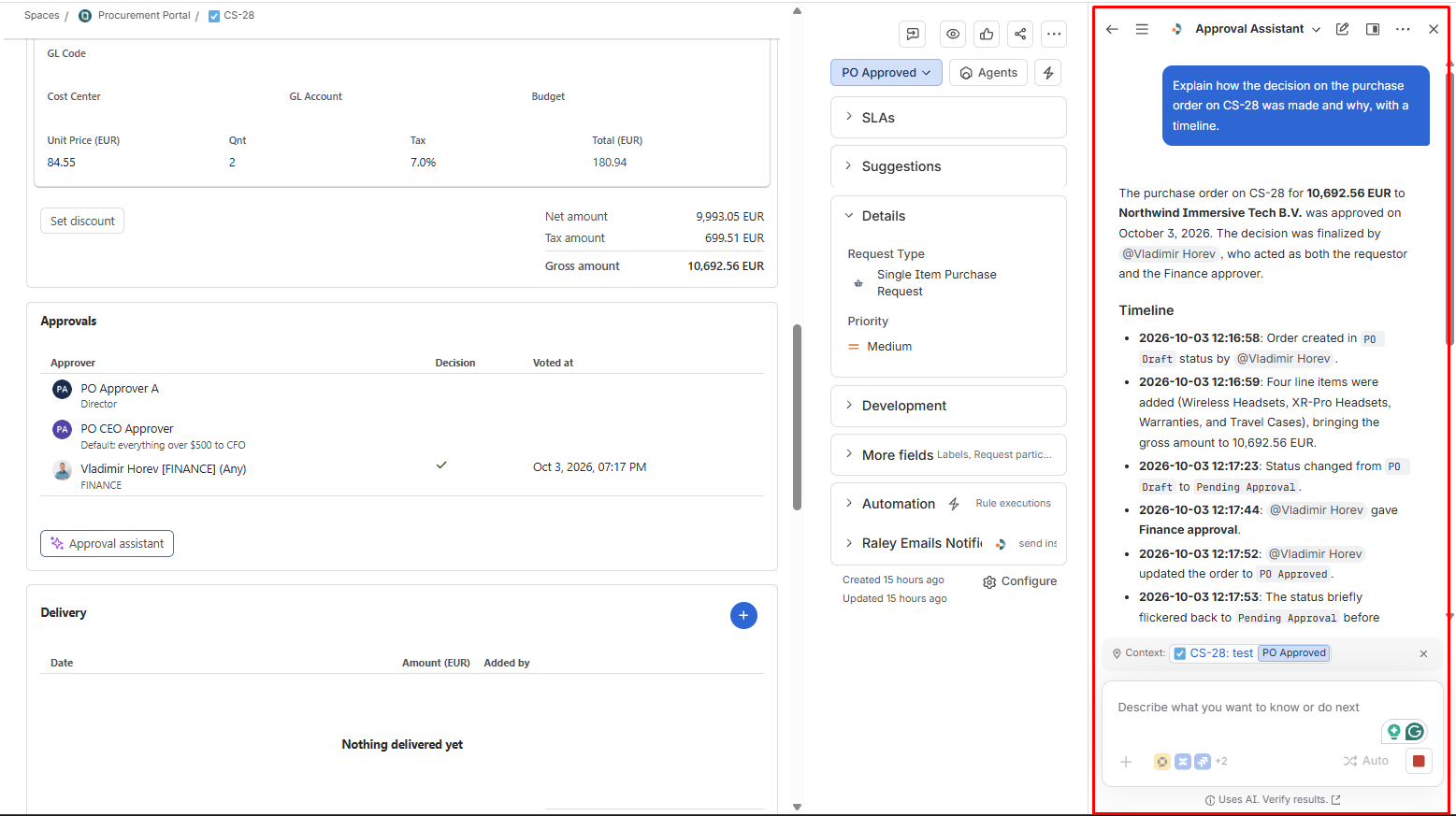 Approval Assistant answer explaining how a purchase order decision was made, shown as a timeline of approvals