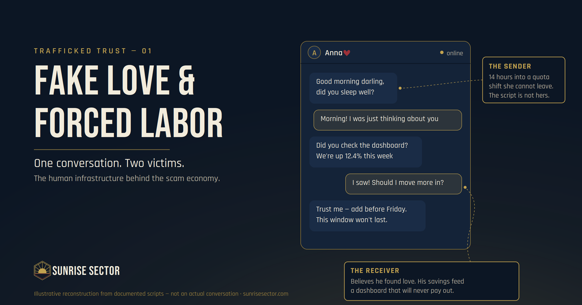 Illustrated reconstruction of a scripted romance-scam chat between two victims: the trafficked sender working a quota shift, and the receiver being steered toward a fake investment dashboard.