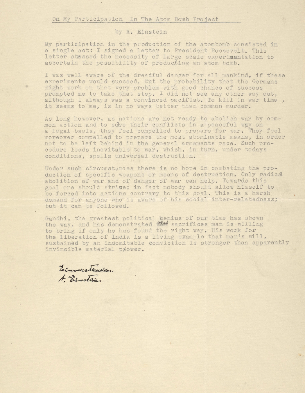 Einstein reflects on his role in the birth of the Atomic Bomb