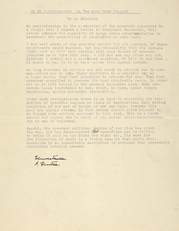 Einstein reflects on his role in the birth of the Atomic Bomb