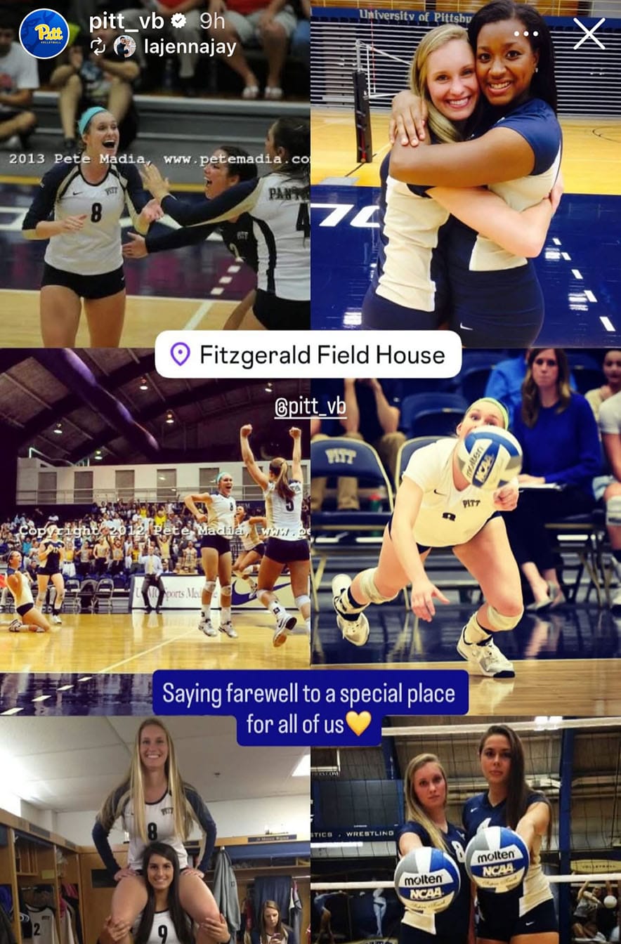 Jenna has a collage of photos, including posing with teammates, and the caption Saying farewell to a special place for all of us