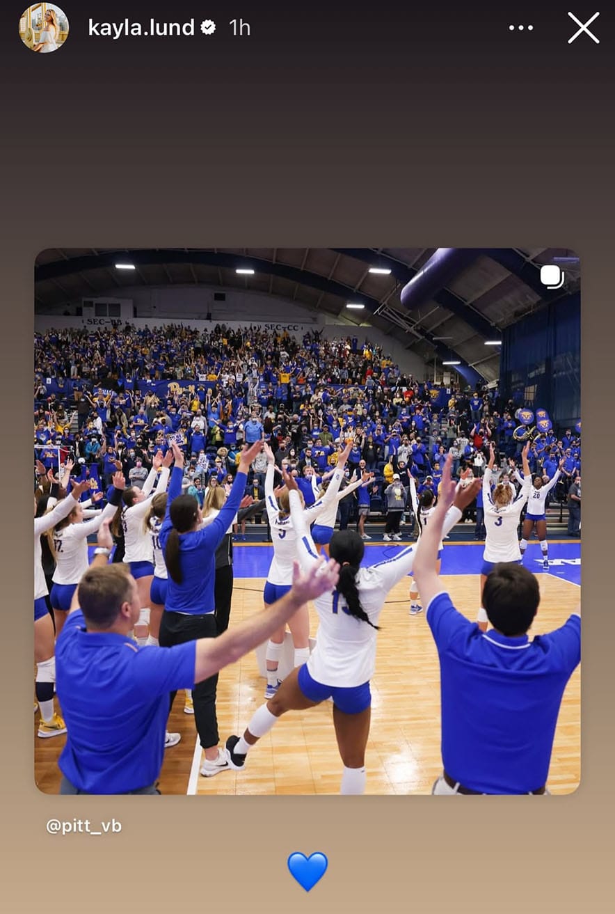 Emmy's collage of photos shows Pitt Volleyball players celebrating with the fans after reaching the final four and a blue heart