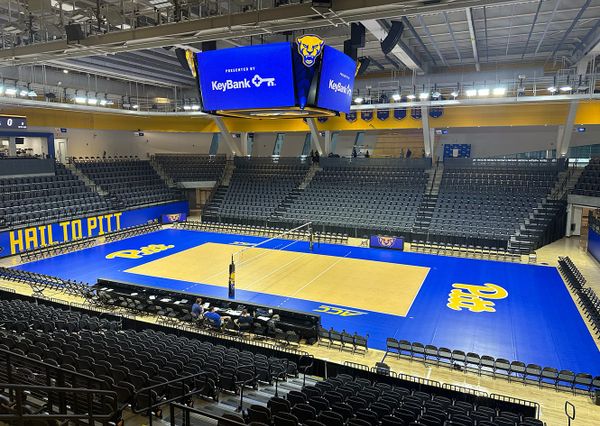 A view of the new Victory Heights Arena, home of Pitt Volleyball. It's a 4,000-capacity arena with one level close to the action.