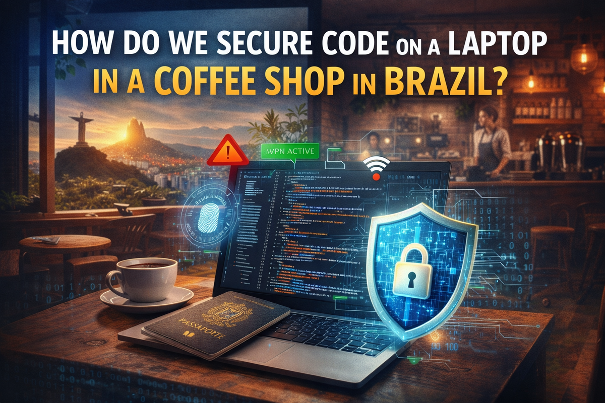 How do we secure code on a laptop in a coffee shop in Brazil?"
