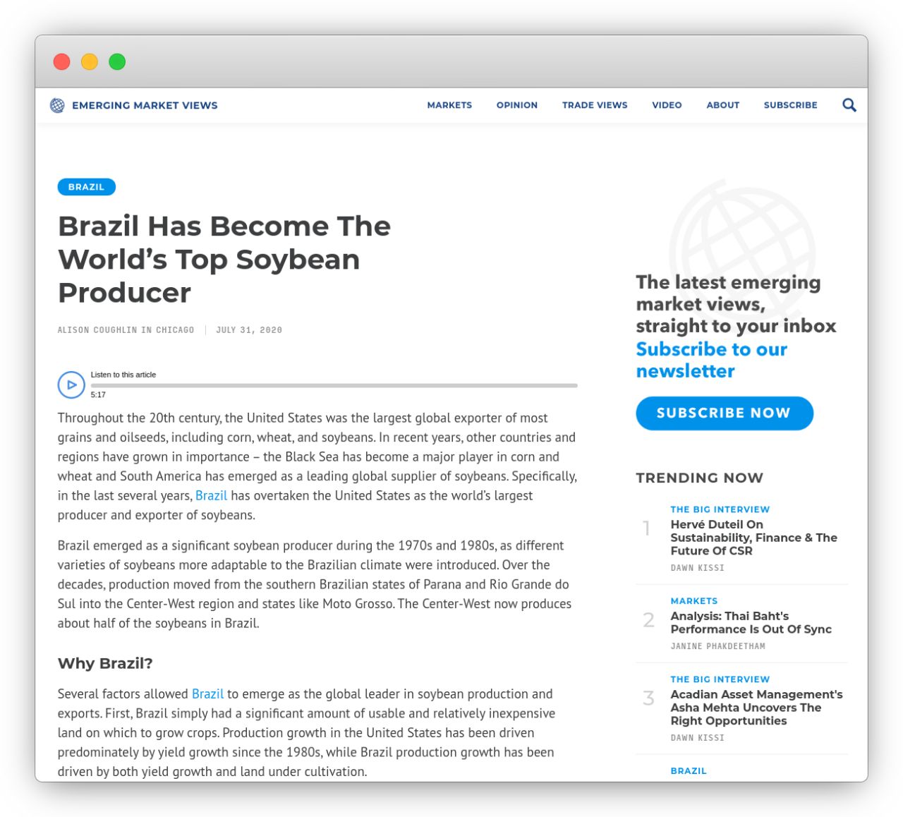 An audio player appears beneath the headline of an article on Emerging Market Views