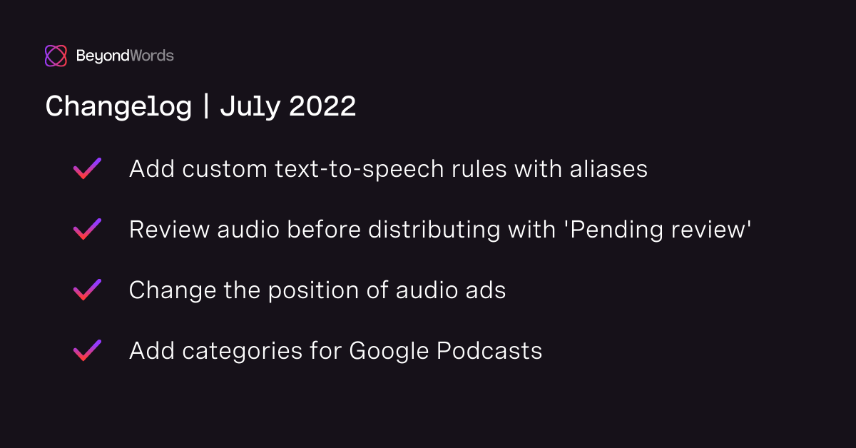 Changelog: Aliases, pending review, ad positioning & more
