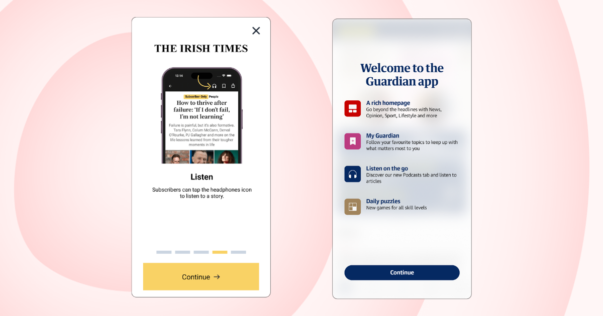 The Irish Times and the Guardian apps promote listening during onboarding.
