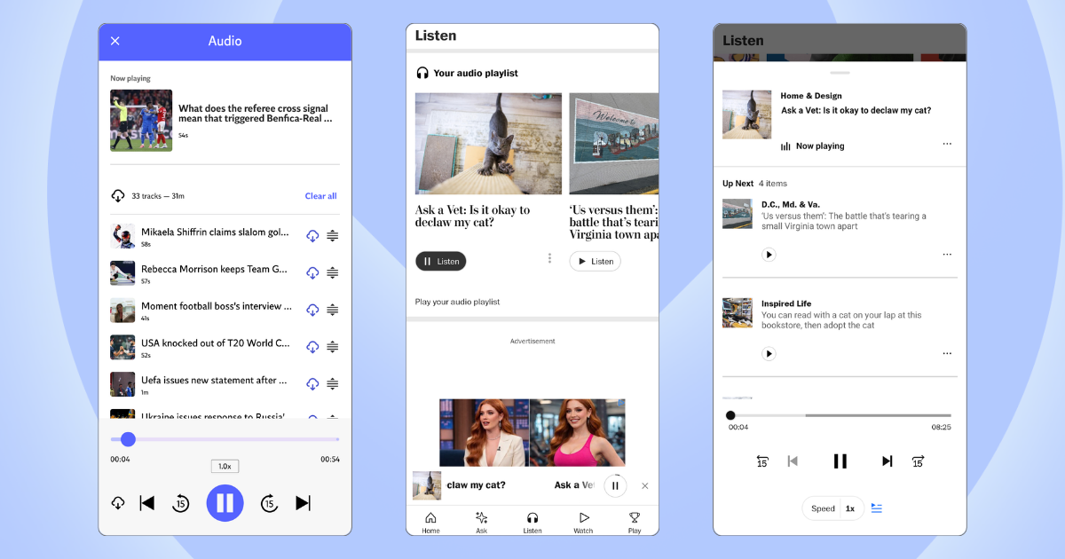 Audio playlist features on the Bulletin and Washington Post apps.