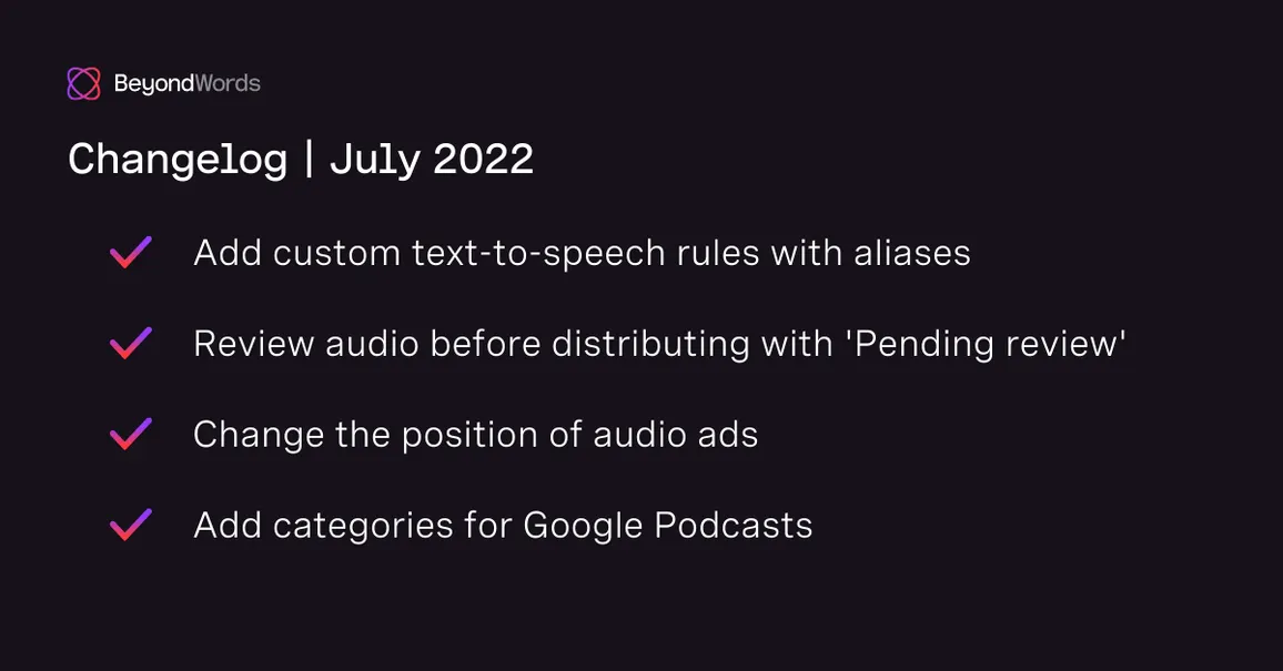 Changelog: Aliases, pending review, ad positioning & more