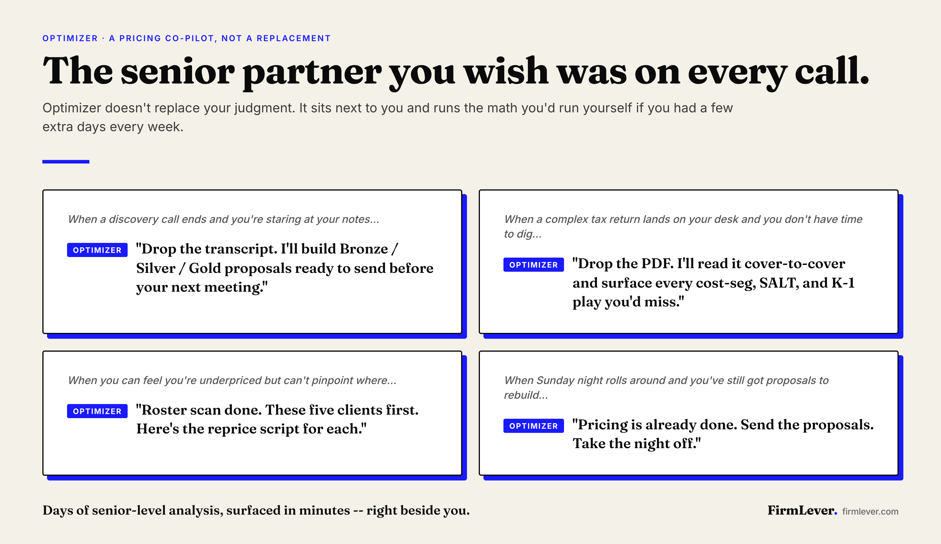 Your pricing co-pilot. Four scenarios where Optimizer responds beside you. After a discovery call, on a complex tax return, on a roster review, and on Sunday night when proposals are still to rebuild. Days of senior-level analysis, surfaced in minutes -- right beside you.
