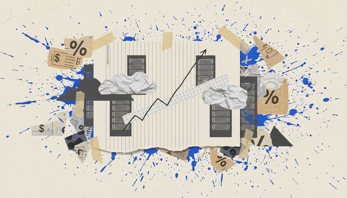 Torn-paper collage of a ledger page layered with server rack and cloud shapes, symbolizing the sale of an MSP-focused accounting practice.