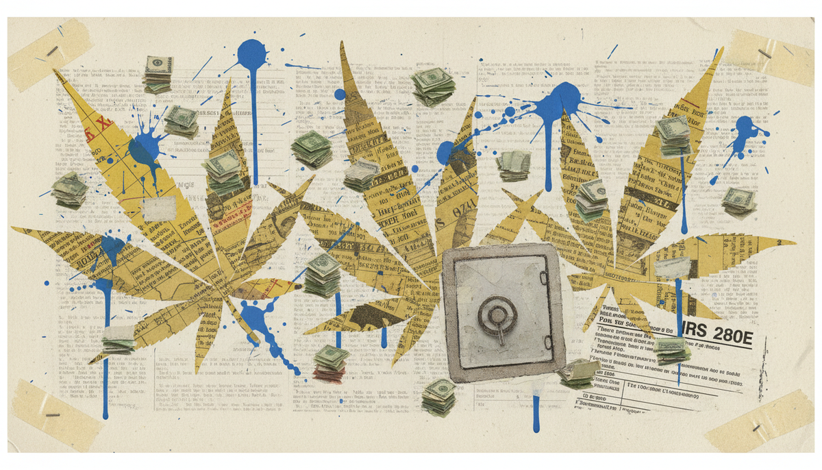Torn-paper collage of cannabis leaves cut from tax code pages with electric blue paint splashes, representing the 280E regulatory moat around specialist accounting firms.