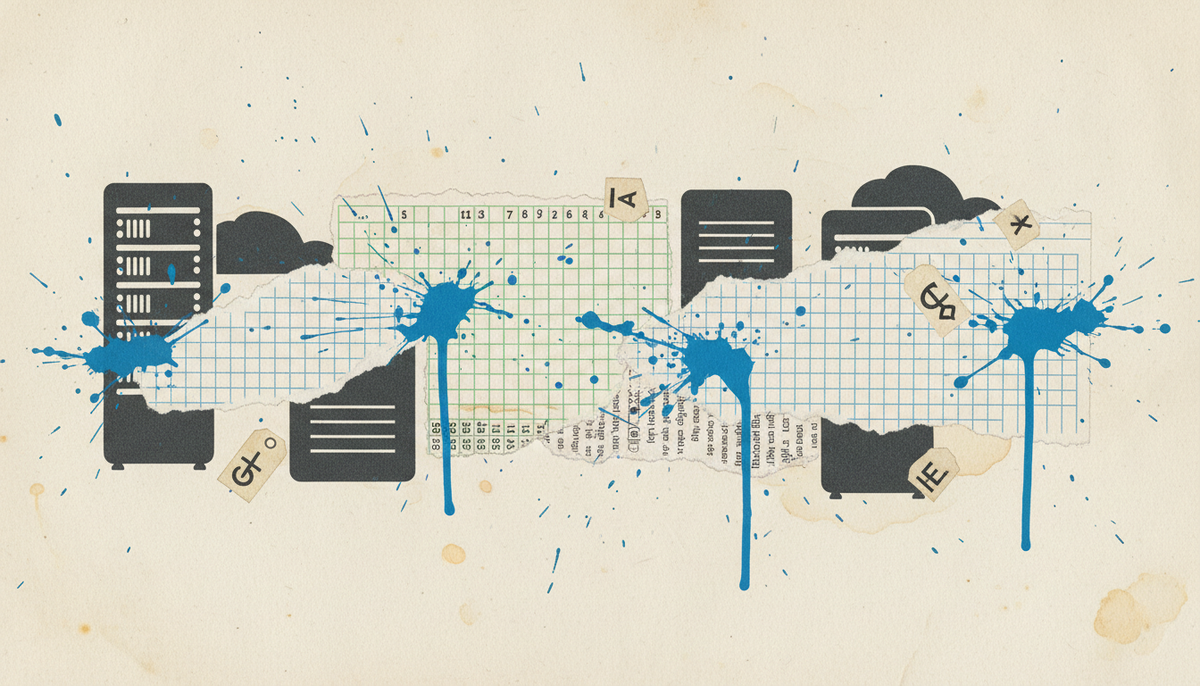 Torn-paper collage merging server rack silhouettes with accounting ledgers and electric blue paint splashes, representing MSP-focused accounting firm acquisitions.