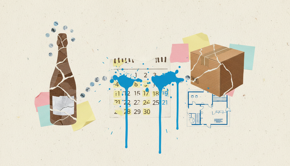 Collage showing a torn champagne bottle and moving box connected by a dotted path across a fractured 100-day calendar, symbolizing post-acquisition integration for accounting firms.