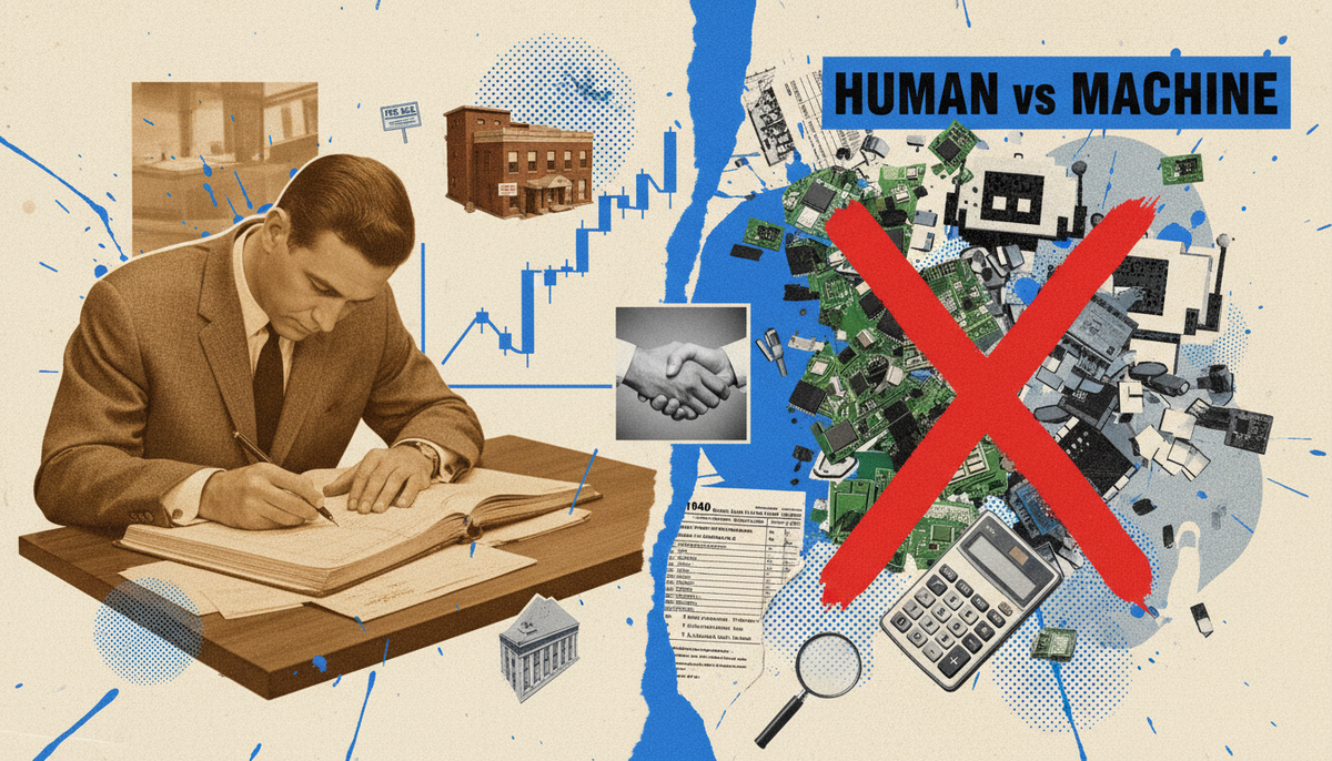 Collage: vintage accountant at a ledger on the left, red X over a tangle of broken circuit boards on the right, HUMAN vs MACHINE headline
