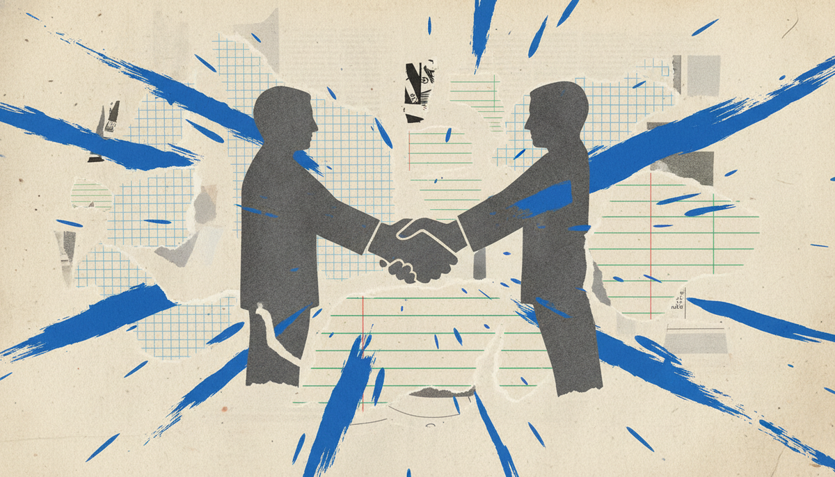 Collage of financial documents and deal paperwork with torn paper textures and blue paint splashes.