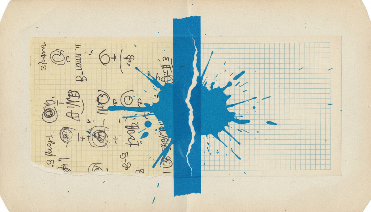 Handwritten calculations on graph paper torn vertically by blue tape and an ink splatter, depicting the midmarket firm P&L splitting under the white-label model.