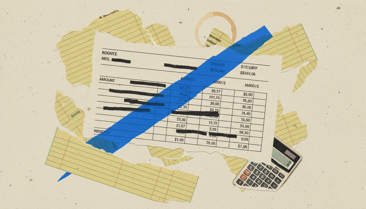 Torn paper collage of an invoice with a blue paint splash crossing out a dollar figure.