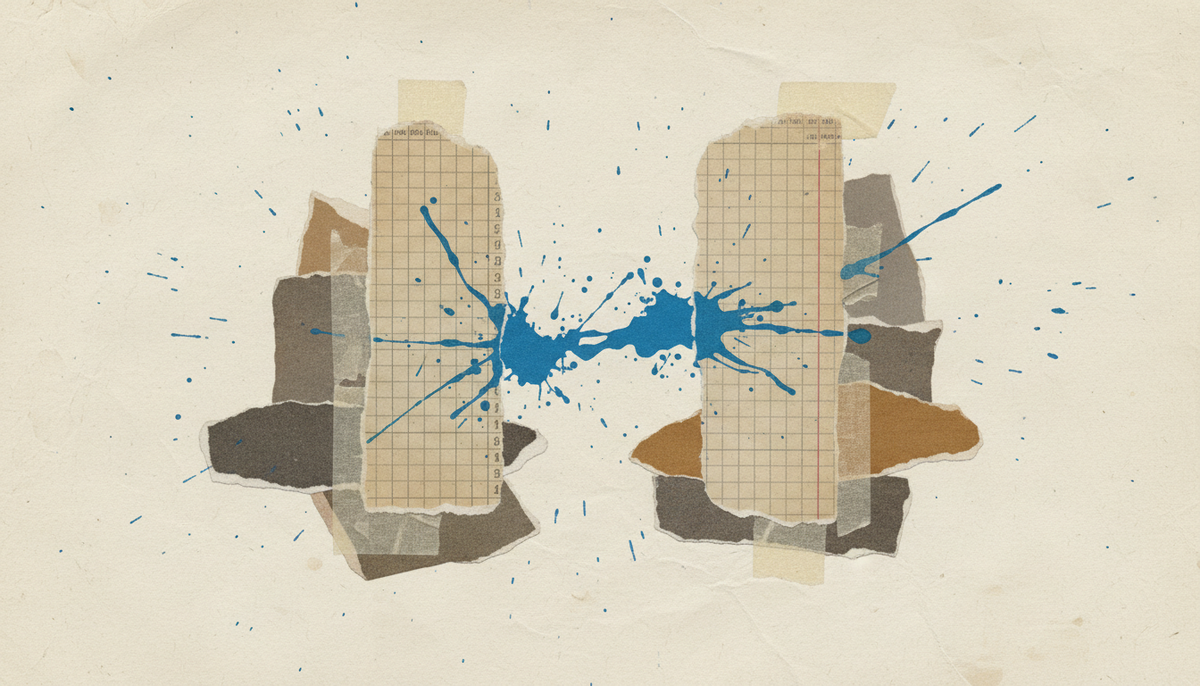 Torn-paper collage showing a widening gap between two ledger columns with electric blue paint splashes.