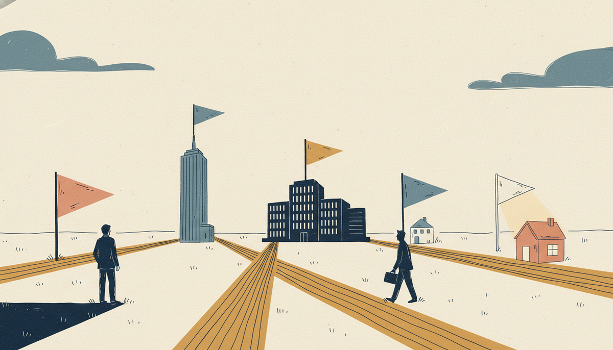 A founder stands at a crossroads of flagged paths leading to different buildings, illustrating the choice between buyer types when selling a firm.