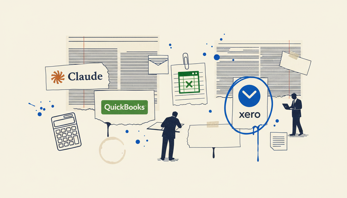 Claude, QuickBooks, and Xero logos collaged across torn ledger pages, with one platform circled in blue ink to mark where Anthropic's finance agents land first.