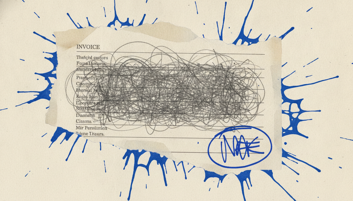 A torn invoice scrawled over with pencil and overstamped in blue ink illustrates that the deliverable is not the product clients are buying.