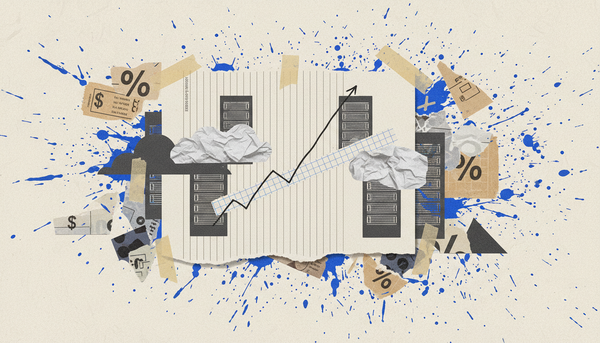 Torn-paper collage of a ledger page layered with server rack and cloud shapes, symbolizing the sale of an MSP-focused accounting practice.