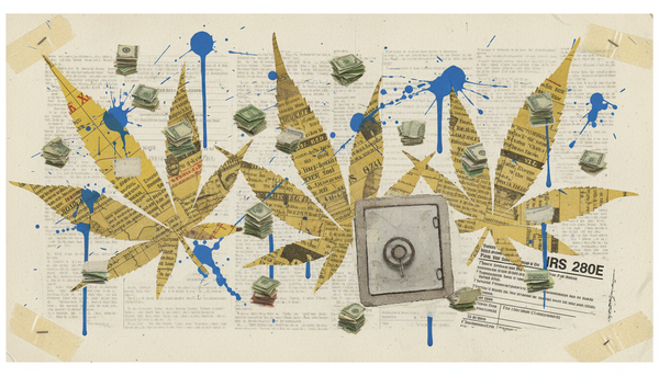 Torn-paper collage of cannabis leaves cut from tax code pages with electric blue paint splashes, representing the 280E regulatory moat around specialist accounting firms.