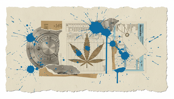 Torn-paper collage of ledger pages, a cannabis leaf silhouette, and a vault fragment on cream newsprint with electric blue paint splashes.