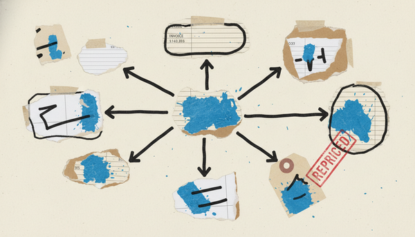Torn-paper collage of a decision flowchart with blue paint splashes representing an accounting fee increase workflow.