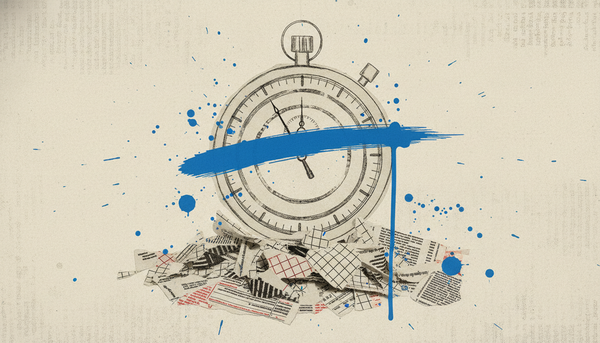 Stopwatch struck through with a blue paint stroke, sitting atop torn tax forms, illustrating how AI automation collapses the time required to prepare a return.