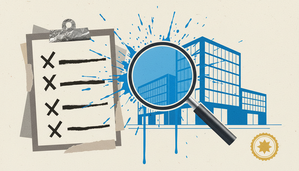 Clipboard with crossed-out checklist items next to a magnifying glass examining a commercial building, illustrating due diligence before engaging a 179D specialist.