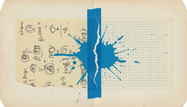 Handwritten calculations on graph paper torn vertically by blue tape and an ink splatter, depicting the midmarket firm P&L splitting under the white-label model.