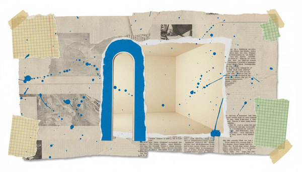 Torn-paper collage showing a narrow blue doorway opening into a larger cream-colored space with scattered paint splashes.