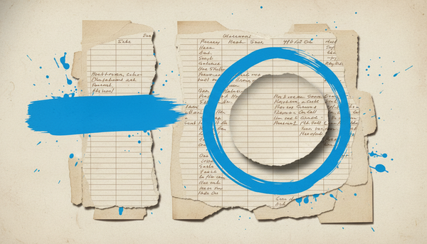 Torn handwritten ledger pages with a blue circle highlighting routine line items, illustrating where small firms find real AI productivity gains.