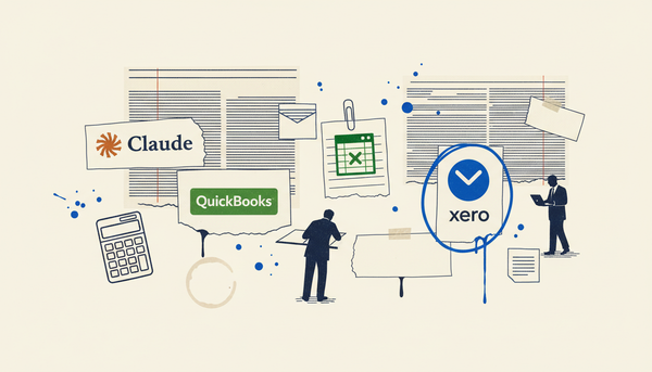 Claude, QuickBooks, and Xero logos collaged across torn ledger pages, with one platform circled in blue ink to mark where Anthropic's finance agents land first.