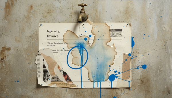 A water-stained invoice dripping under a brass tap with one line circled in blue, illustrating revenue quietly leaking through unnoticed underpricing.