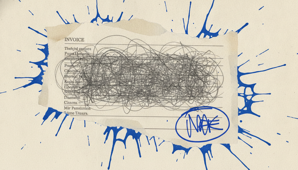 A torn invoice scrawled over with pencil and overstamped in blue ink illustrates that the deliverable is not the product clients are buying.