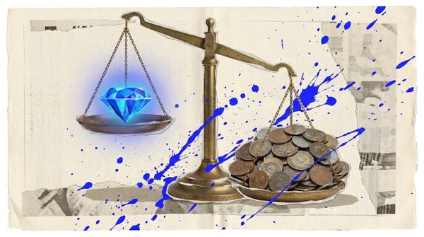 A balance scale where one luminous gem outweighs a pile of coins, illustrating how CFO pricing that signals partnership beats charging for raw hours.