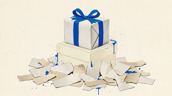A gift box tied with blue ribbon rests on a plinth above shredded paper, showing a packaged advisory program versus a vague, unwrapped service.