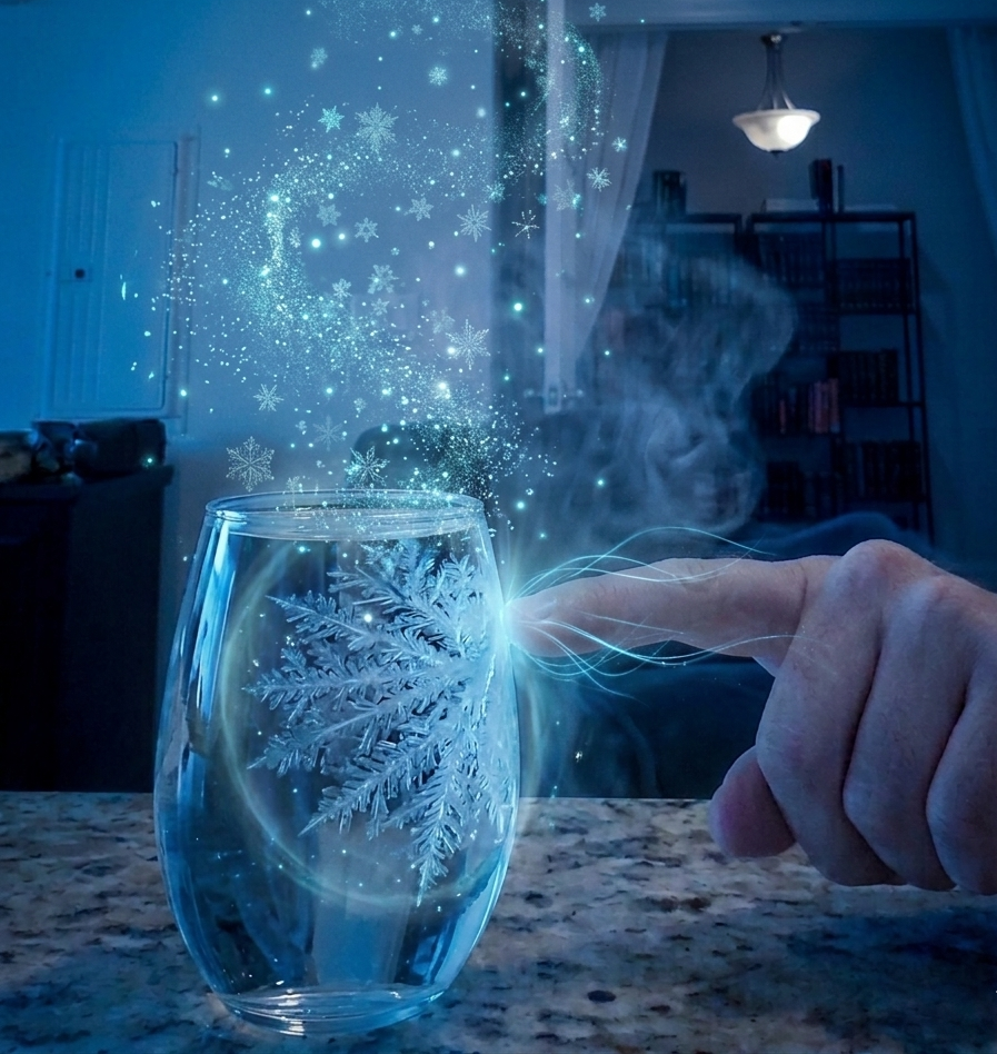 Vaso de agua congelándose instantáneamente al tacto, ilustrando el momento de intención que une la astrofísica y la espiritualidad, bañado en una luz azul intuitiva.