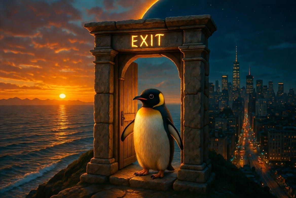 Un pingüino parado en una puerta  conectando una ciudad con un atardecer sereno sobre el mar. Concepto de autorregulación emocional y escape creativo