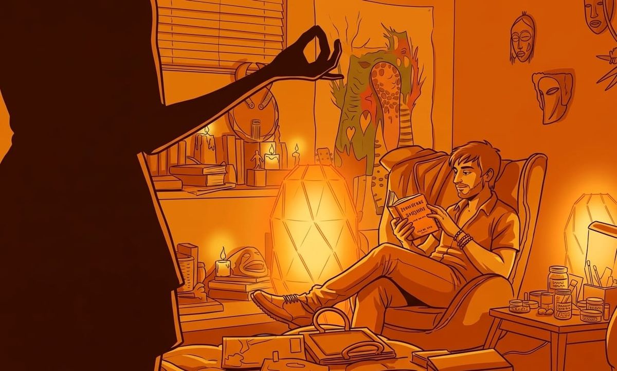 Arte digital "graphic novel" que muestra a un actor en un ambiente introspectivo, ilustrando el concepto de el escenario como espacio terapéutico y autodescubrimiento.
