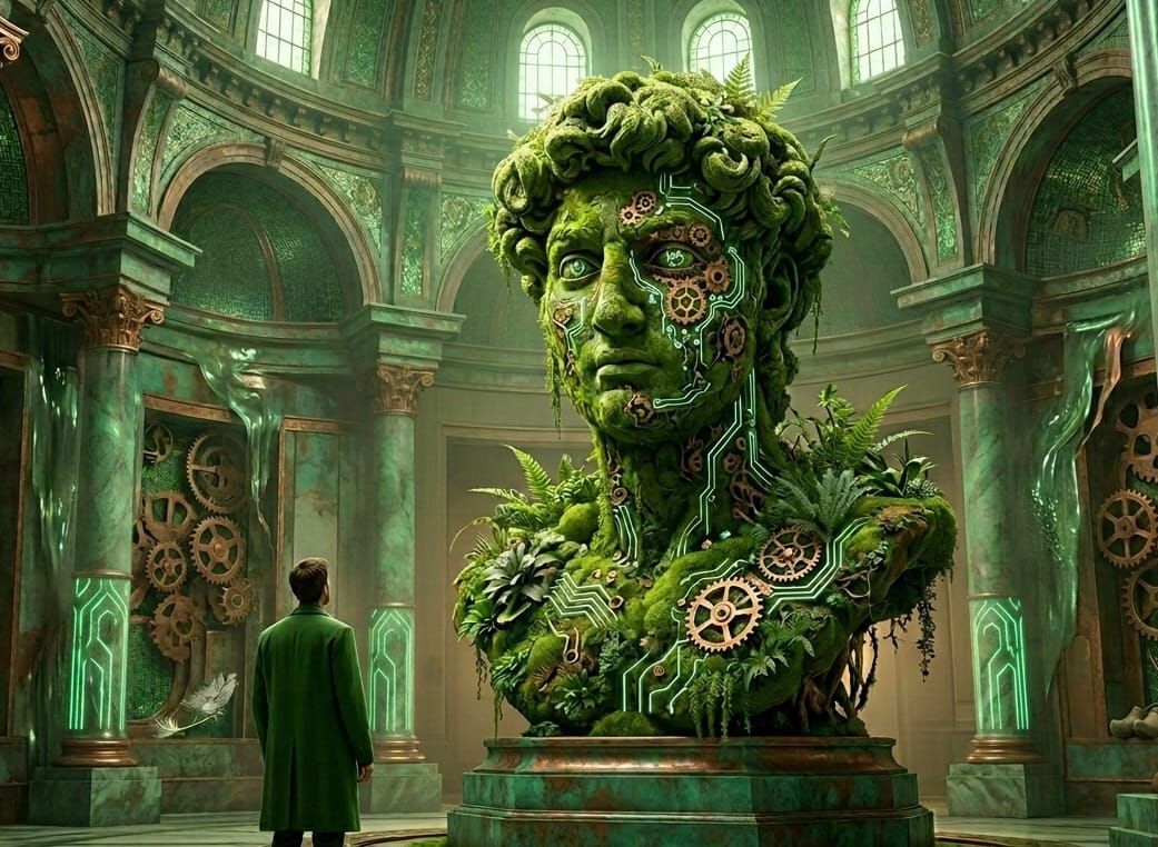 Un hombre ante un busto gigante cubierto de musgo y plantas en una habitación adornada con engranajes y tuberías.
